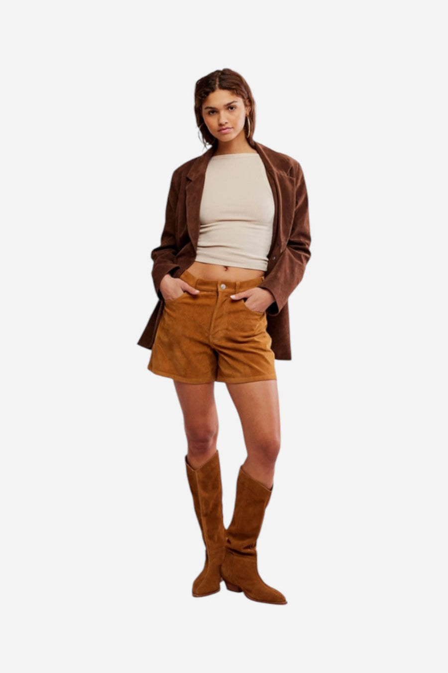 Free People We The Free Tippi Vegan Suede Shorts in Dark Honey – flat lay