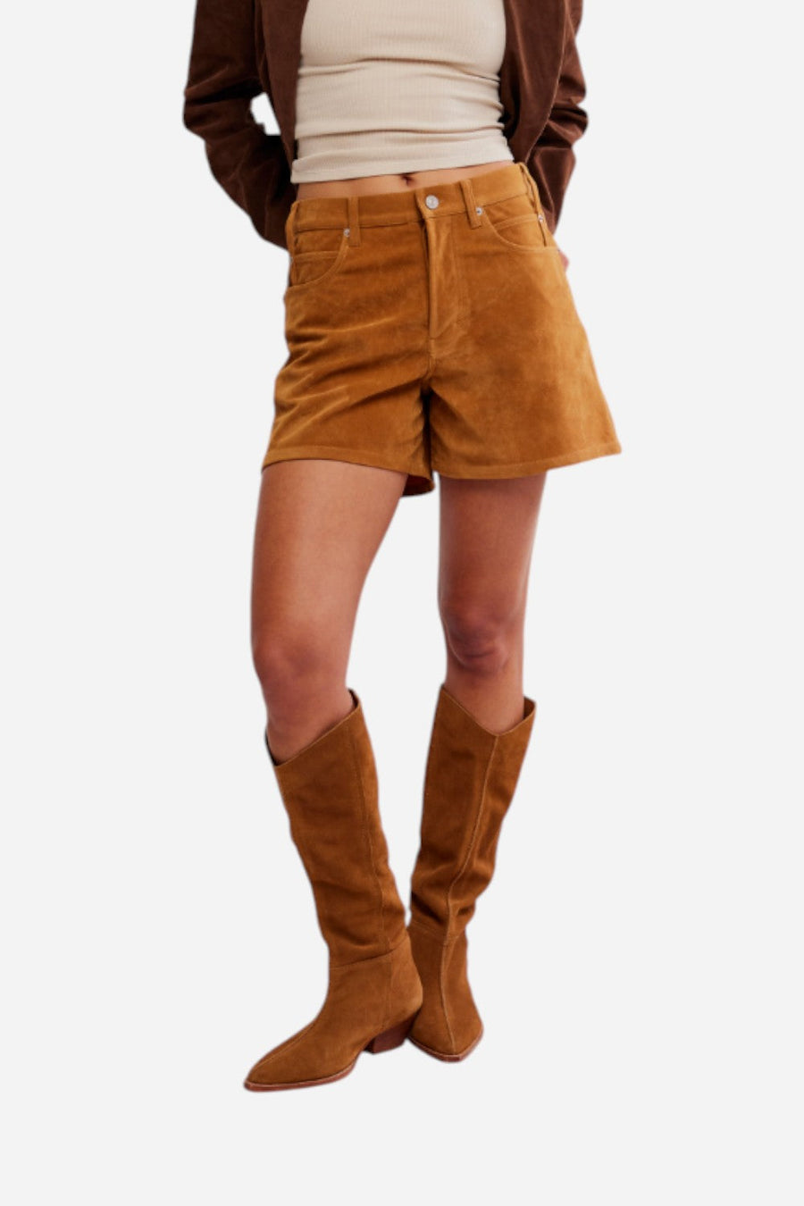 Free People We The Free Tippi Vegan Suede Shorts in Dark Honey – front view