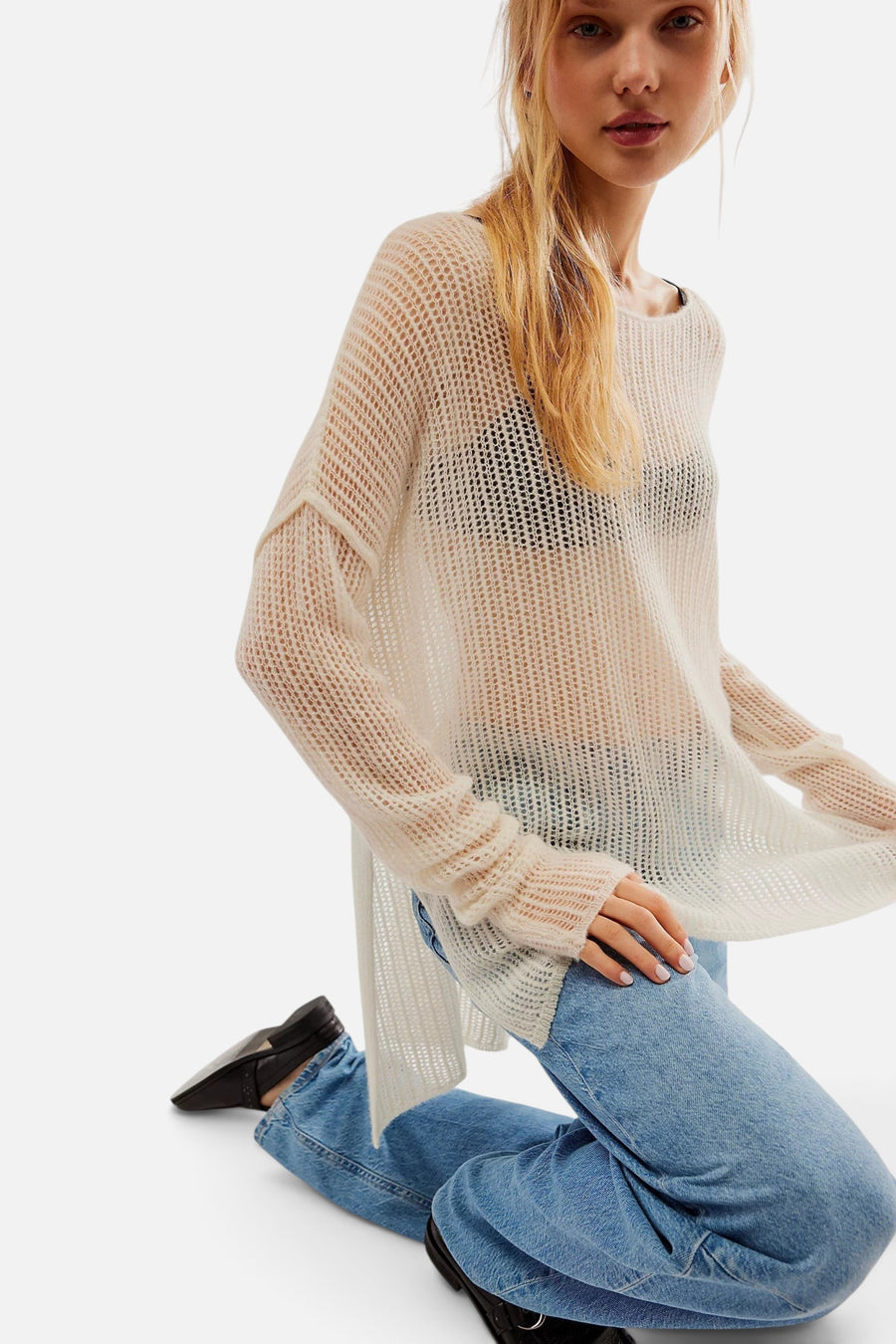 Free People Wednesday Cashmere Pullover in Whey – back view
