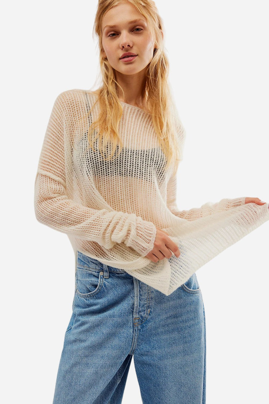 Free People Wednesday Cashmere Pullover in Whey – front view