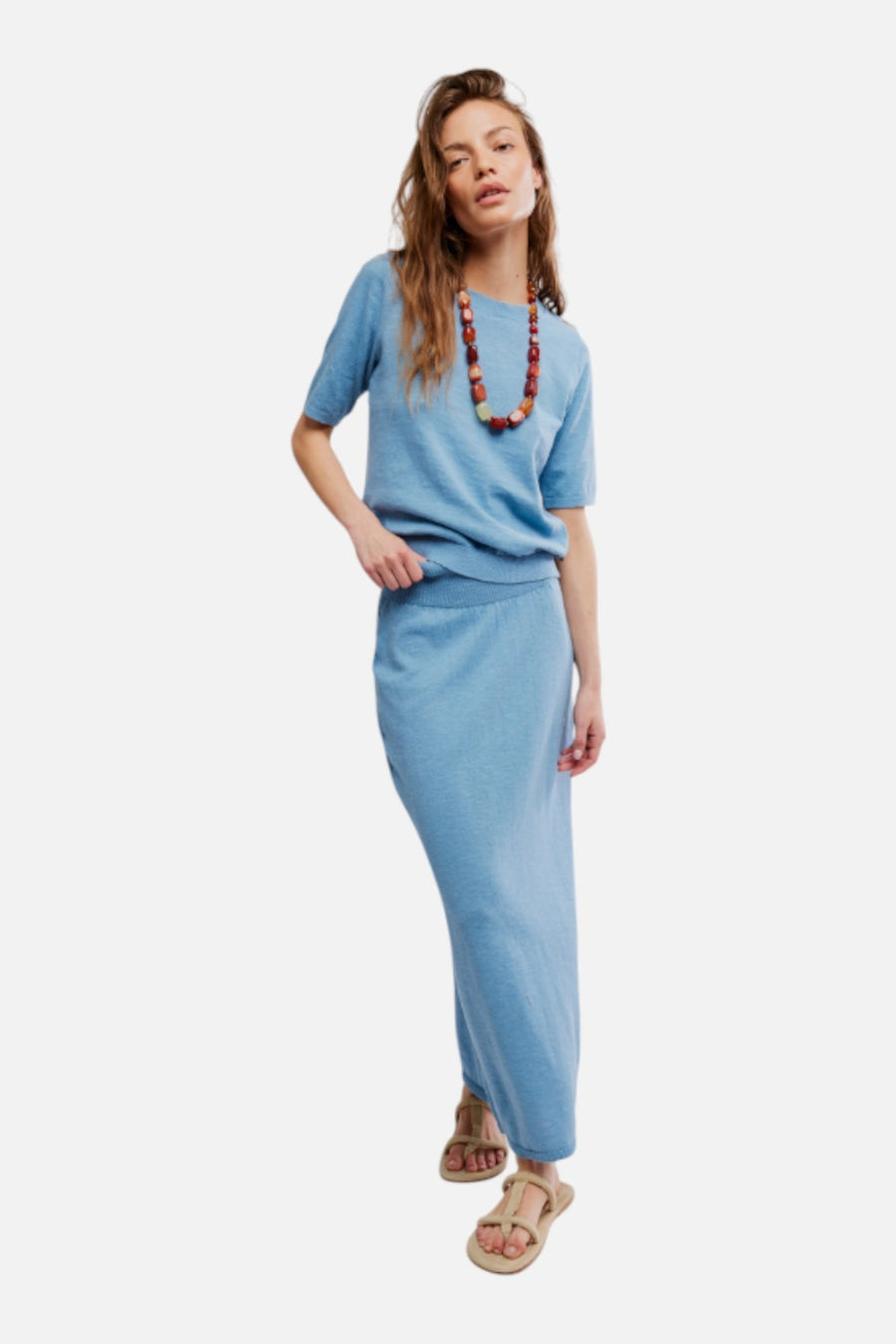 Free People Women's Isabella Sweater Skirt Set in Dusk Blue – on model