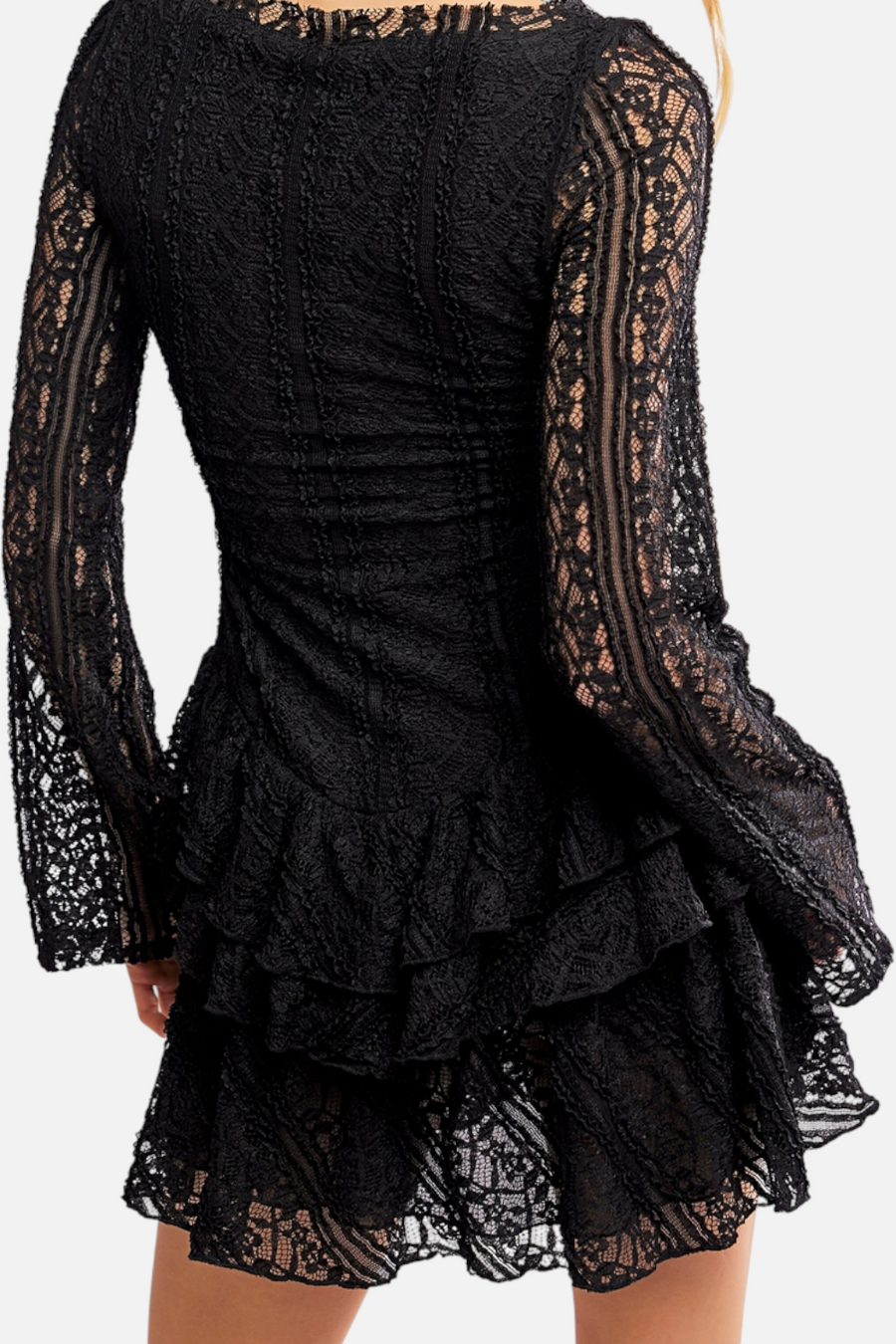 Free People Women's Tabby Lace Long Sleeve Mini Dress in Black – back view