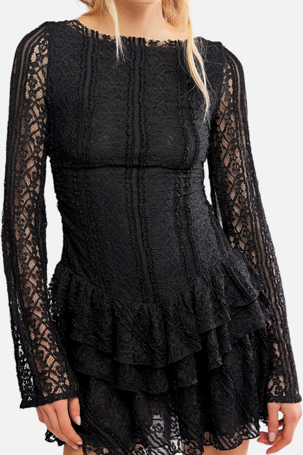 Free People Women's Tabby Lace Long Sleeve Mini Dress in Black