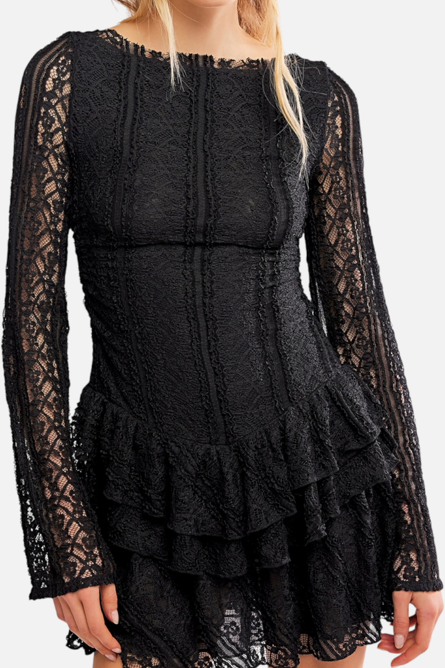 Free People Women's Tabby Lace Long Sleeve Mini Dress in Black – front view