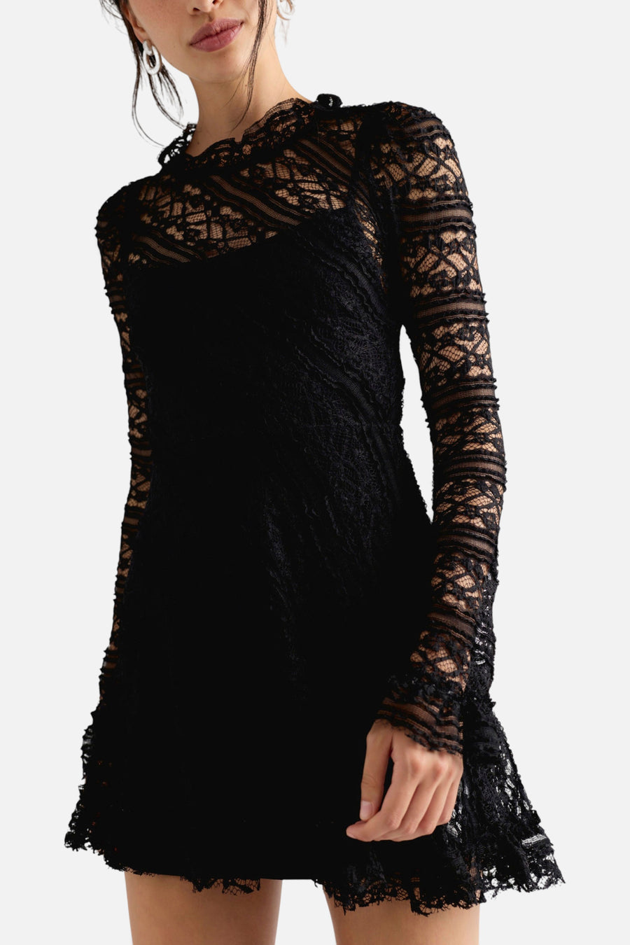 Free People Woodland Whispers Mini Dress in Black – front view