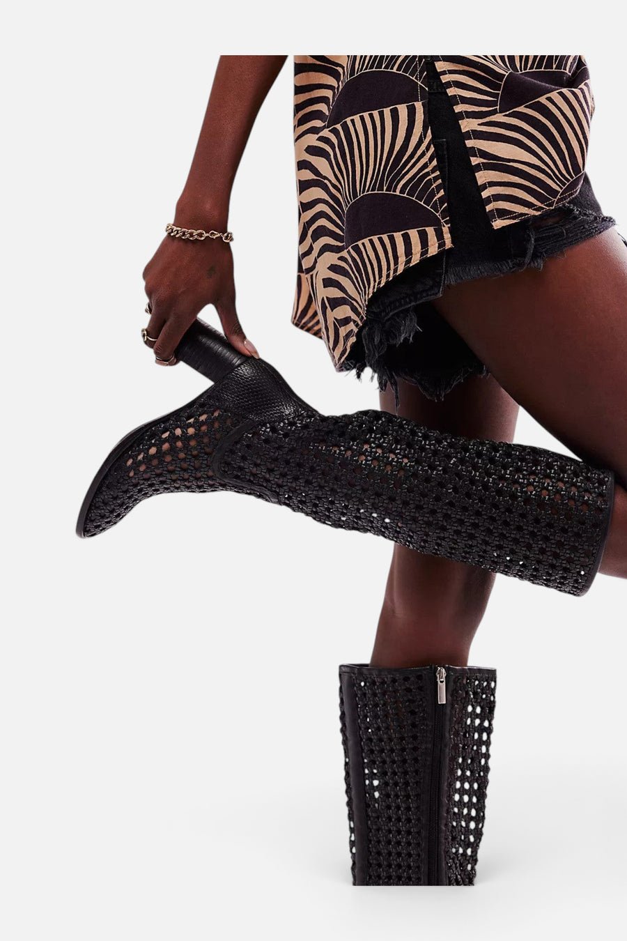 Free People Woodstock Woven Boots in Black – flat lay