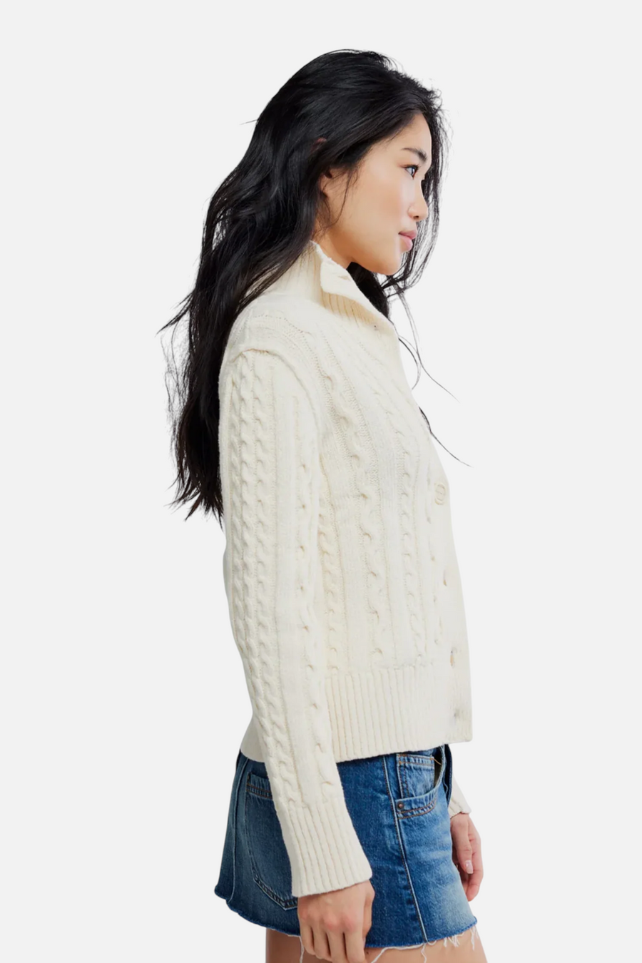 Free People Wtf Cable Collar Cardi in Ivory – back view