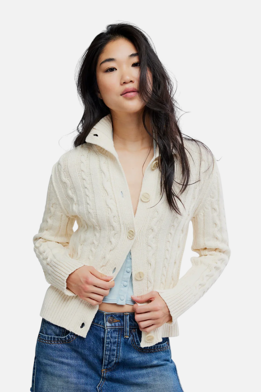 Free People Wtf Cable Collar Cardi in Ivory – front view