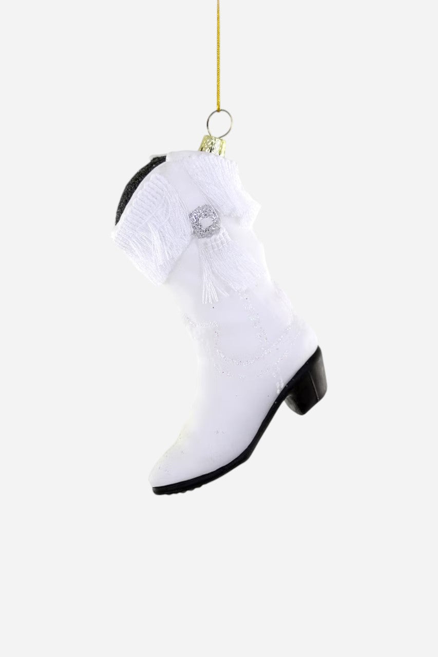 Fringe Cowboy Boot White Ornament – front view