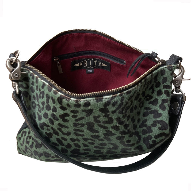 Fur Bag with Two Straps - Moss & Black Leopard – back view