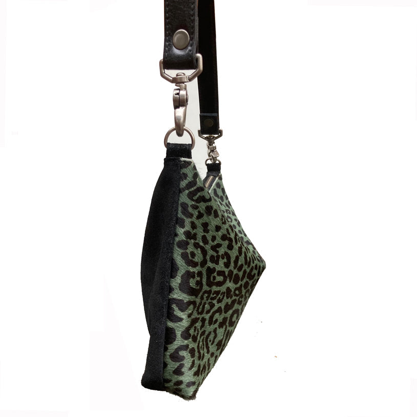 Fur Bag with Two Straps - Moss & Black Leopard – side view