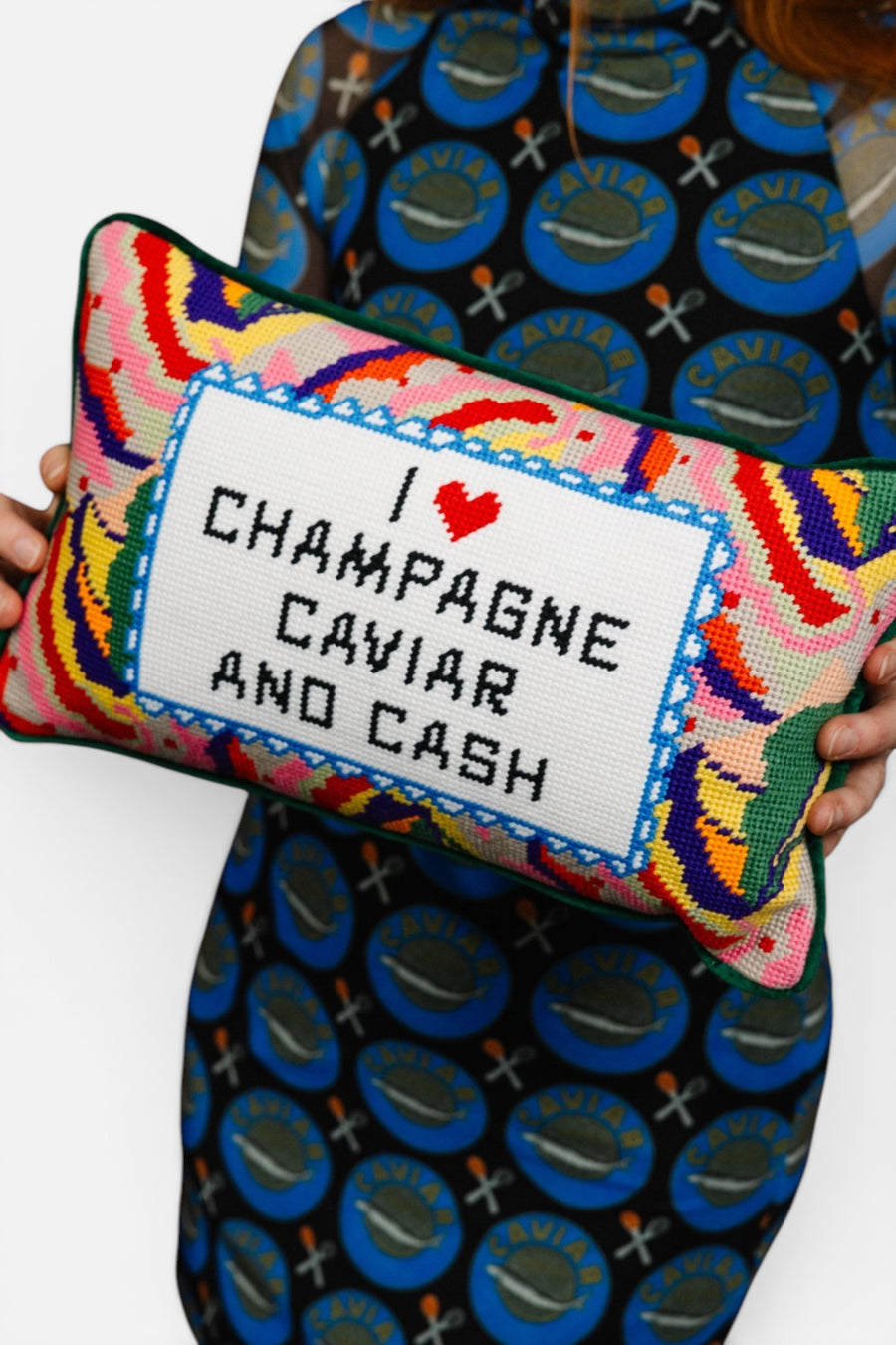 Furbish Caviar and Cash Needlepoint Pillow – detail