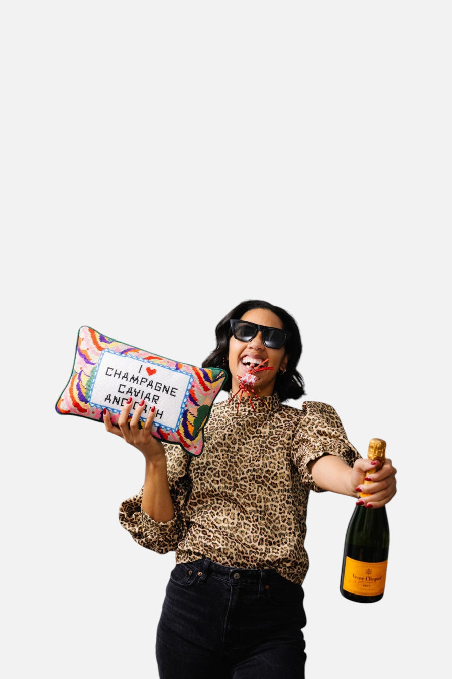 Furbish Caviar and Cash Needlepoint Pillow – flat lay