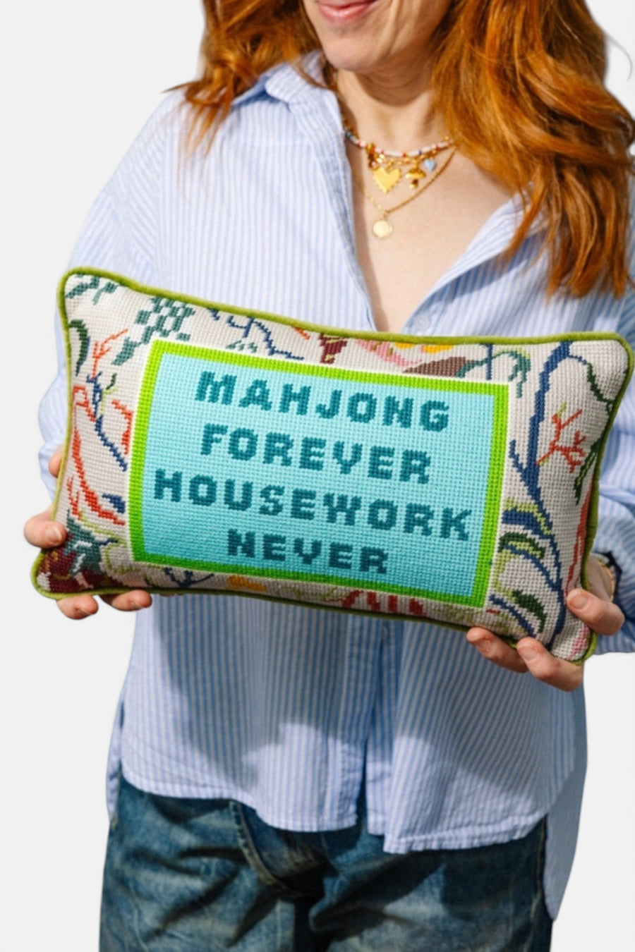 Furbish Mahjong Needlepoint Pillow – side view