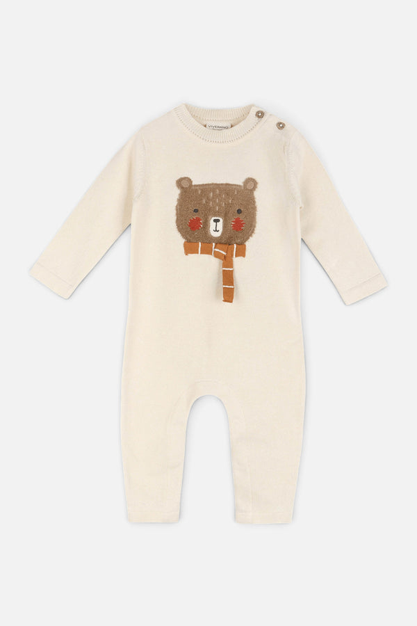 Furry Bear Knit Baby Jumpsuit in Ecru