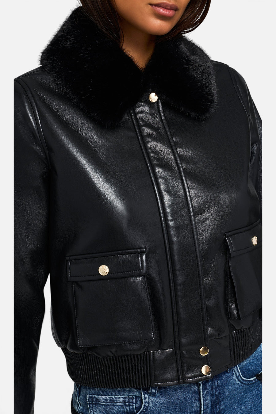 Generation Love Esther Faux Fur Combo Vegan Leather Bomber in Black – detail