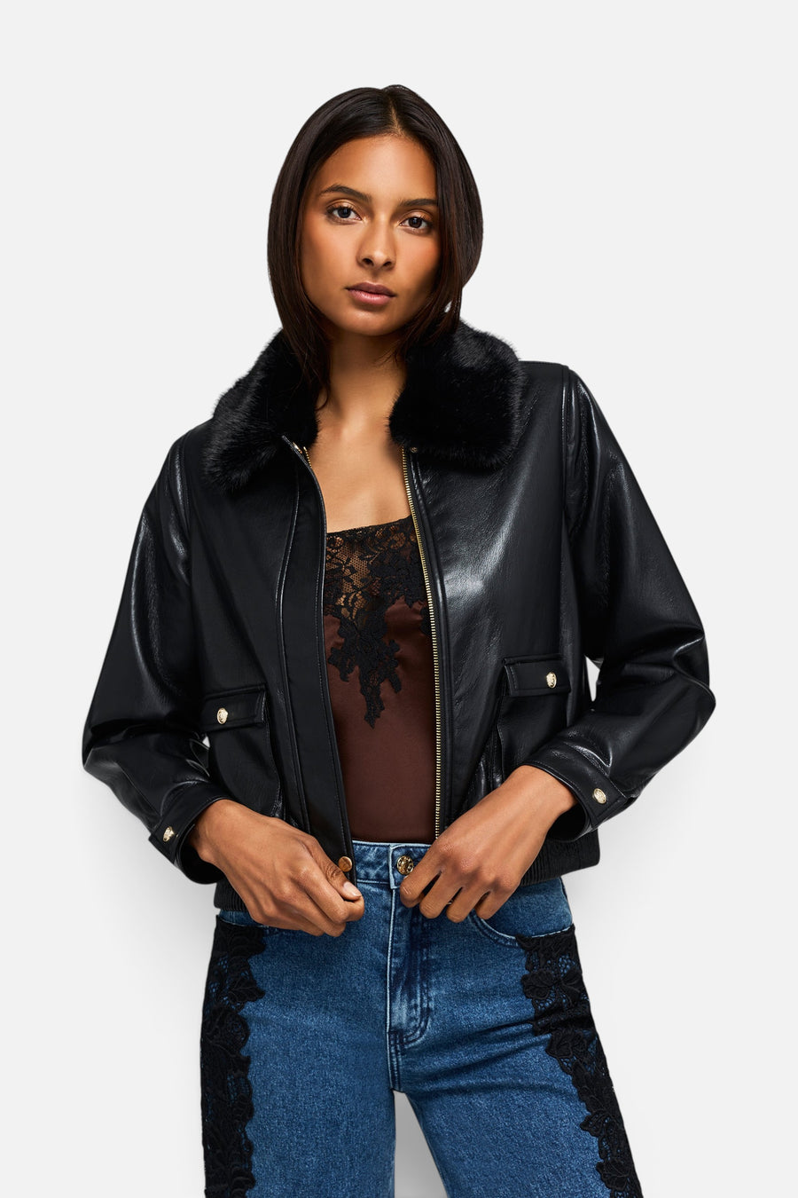 Generation Love Esther Faux Fur Combo Vegan Leather Bomber in Black – front view