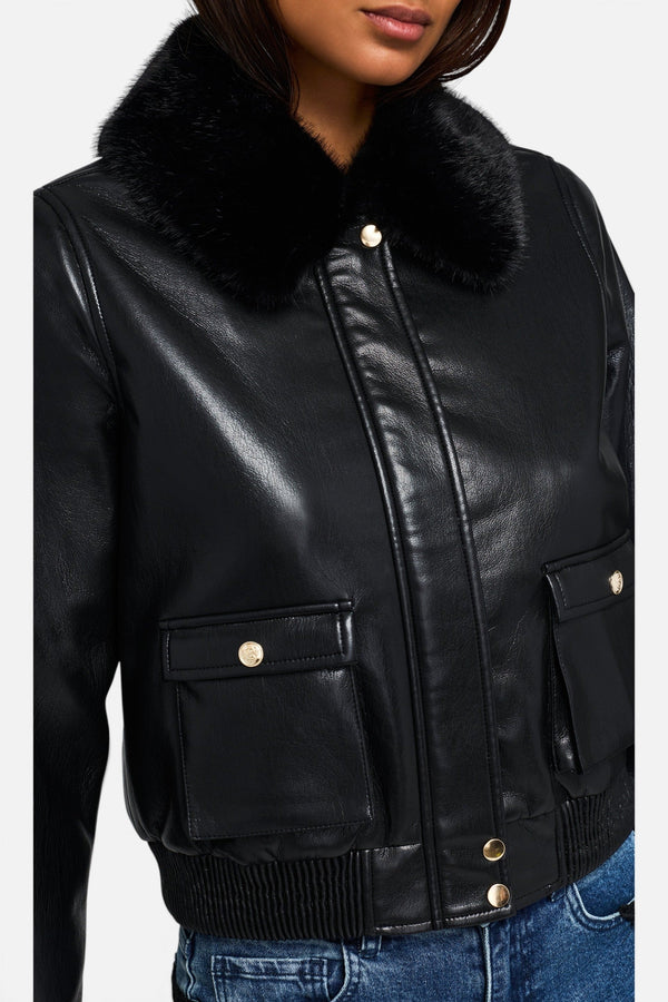 Generation Love Esther Faux Fur Combo Vegan Leather Bomber in Black