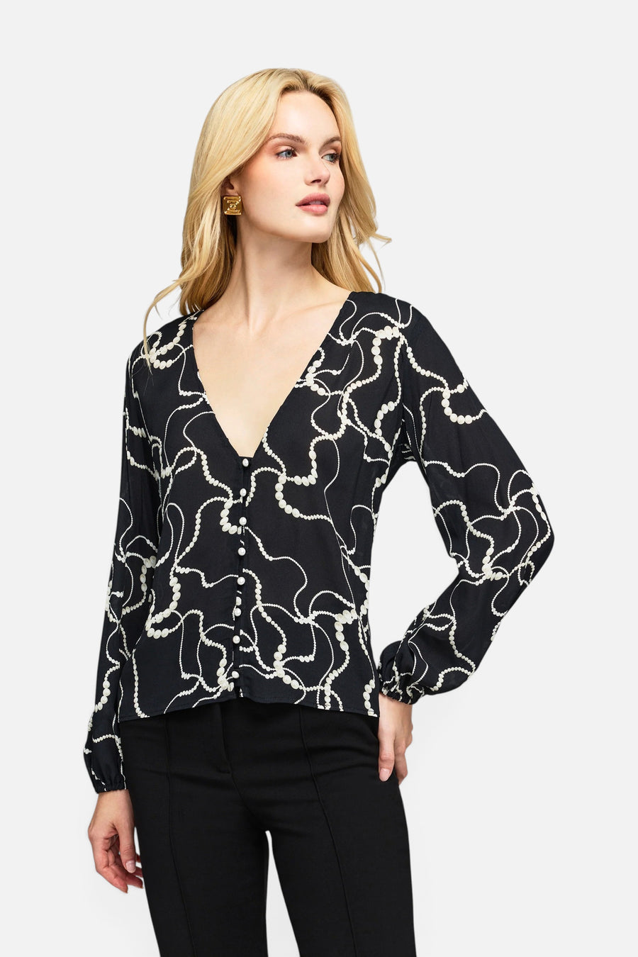 Generation Love Haven Pearl Georgette Blouse in Black/Ivory – detail