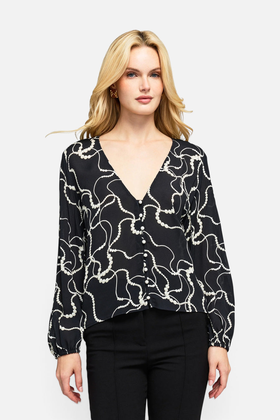 Generation Love Haven Pearl Georgette Blouse in Black/Ivory – front view