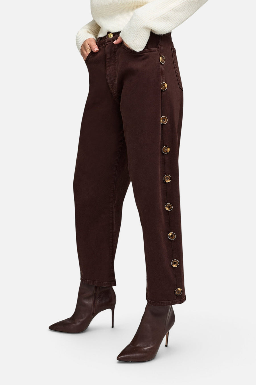 Generation Love Lark Button Jeans in Chestnut – on model
