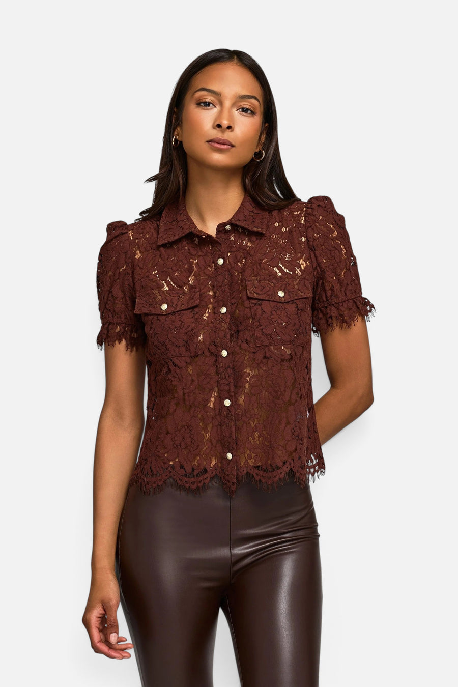 Generation Love Mikaelle Lace Shirt in Espresso – front view