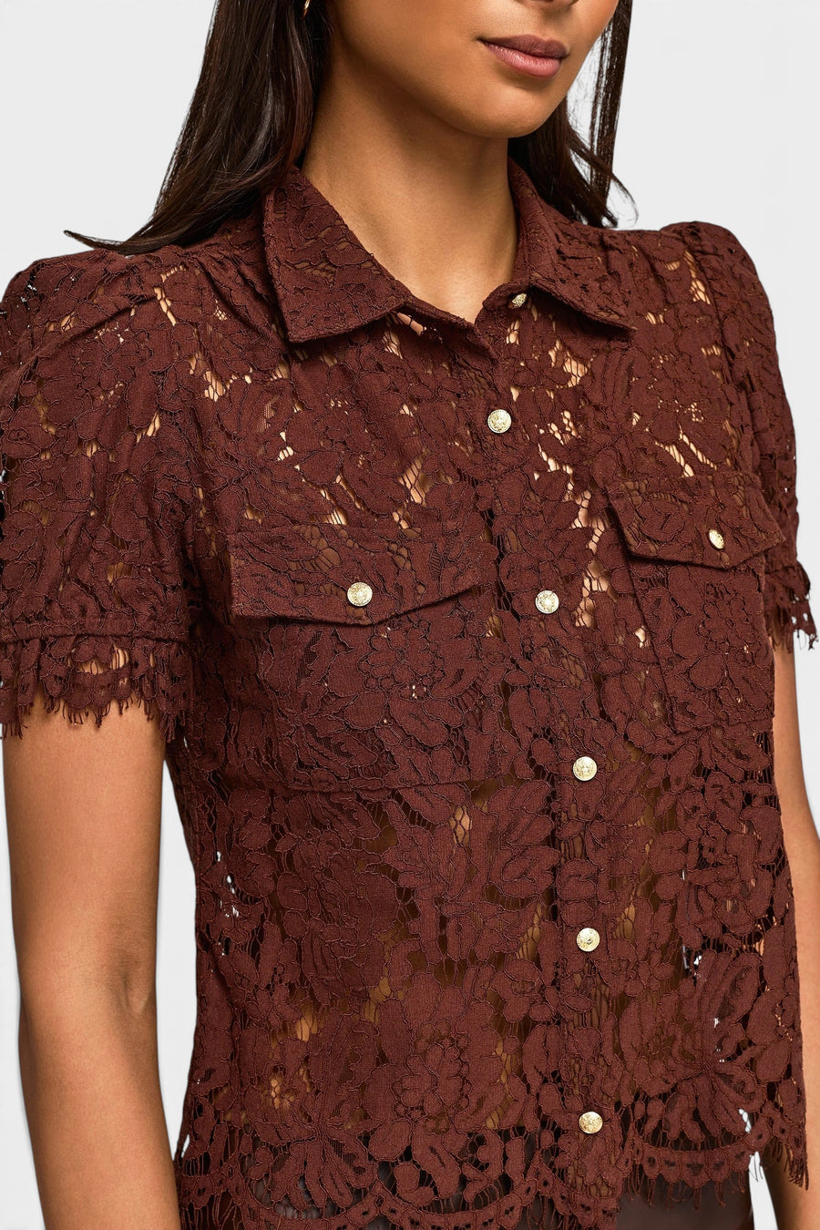 Generation Love Mikaelle Lace Shirt in Espresso – side view