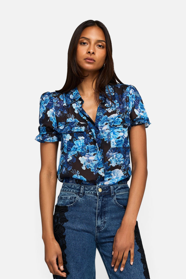Generation Love Mina Floral Georgette Shirt in Navy Fleur