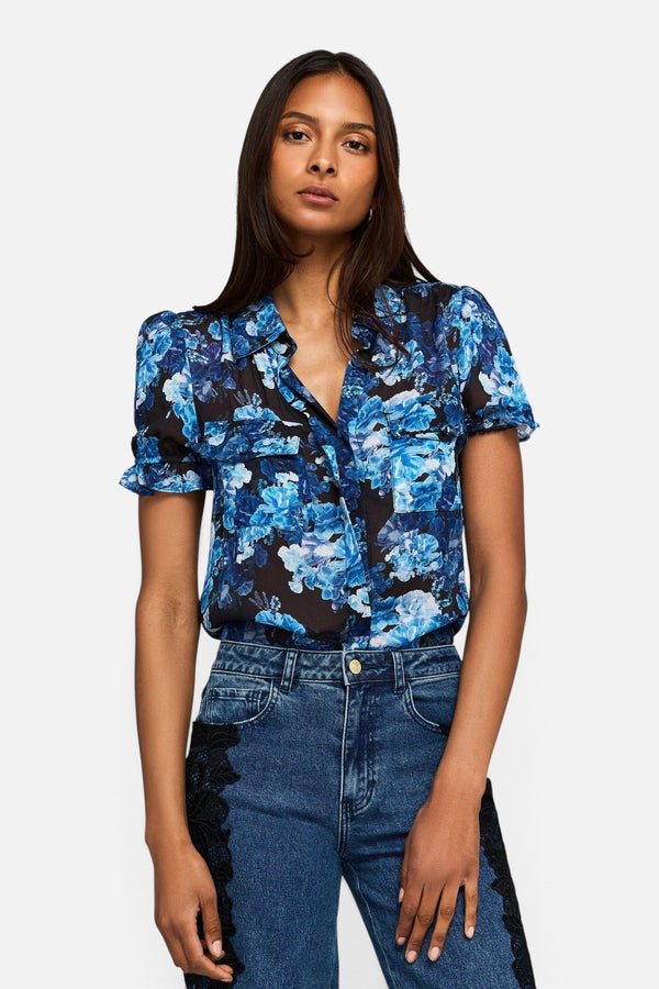 Generation Love Mina Floral Georgette Shirt in Navy Fleur