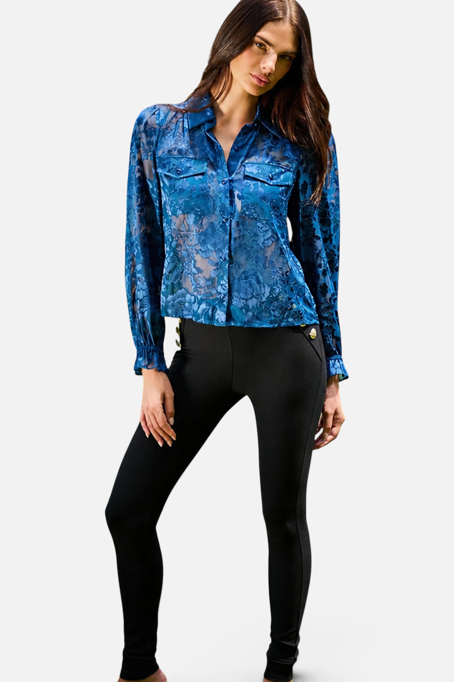 Generation Love Priya Floral Burn-Out Blouse in Peacock – flat lay