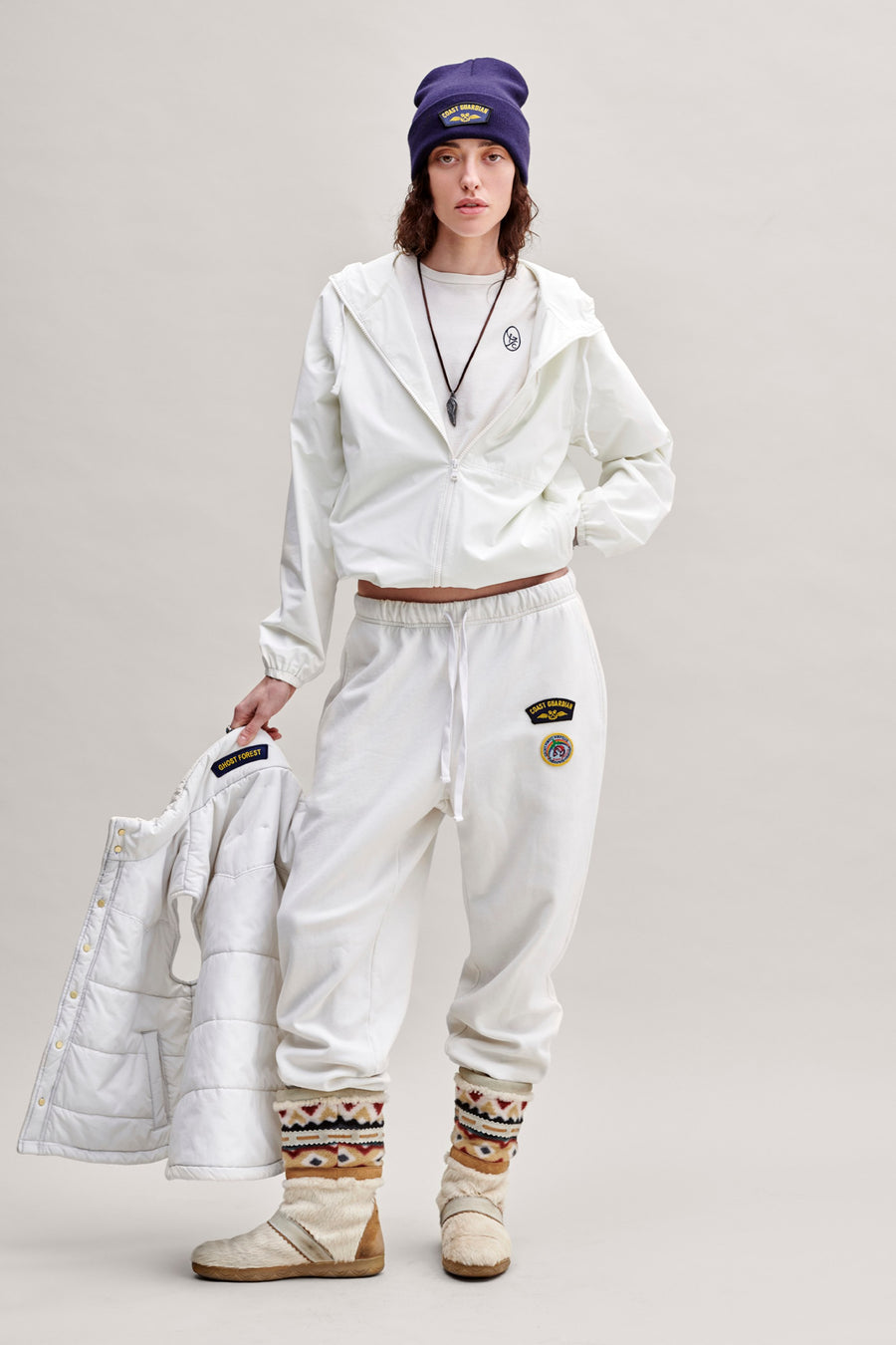 Ghost Forest Surf Club Surf Scout Patch Jogger in White – on model