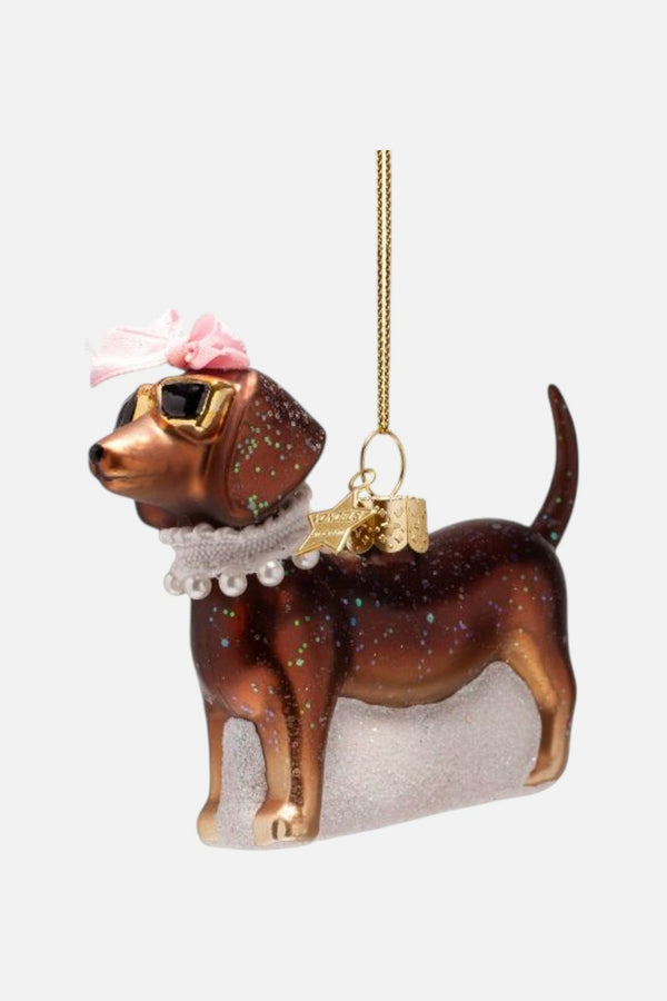 Glass Brown Dog with Pearls Ornament