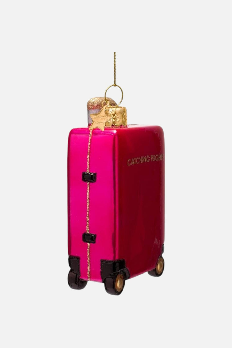 Glass Catching Flights Suitcase Raspberry Pink Ornament – three-quarter view