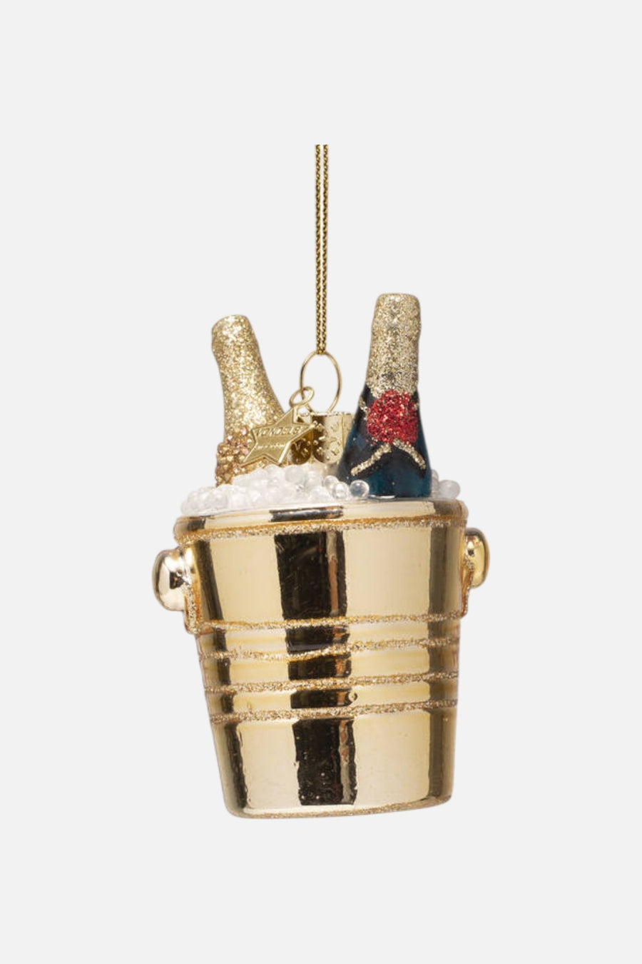 Glass Champagne Bottles in Gold Cooler Ornament – three-quarter view