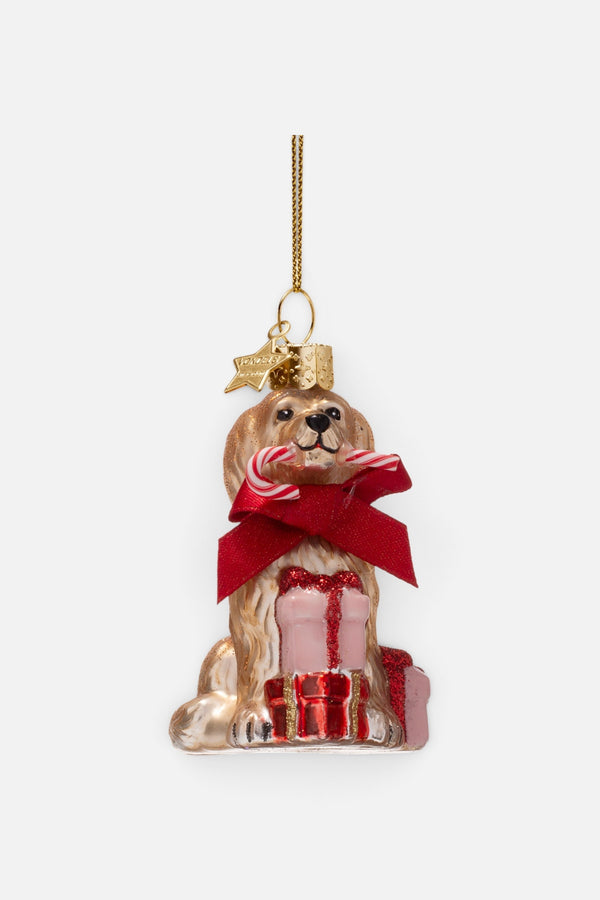 Glass Cockapoo Dog with Candy Cane Ornament