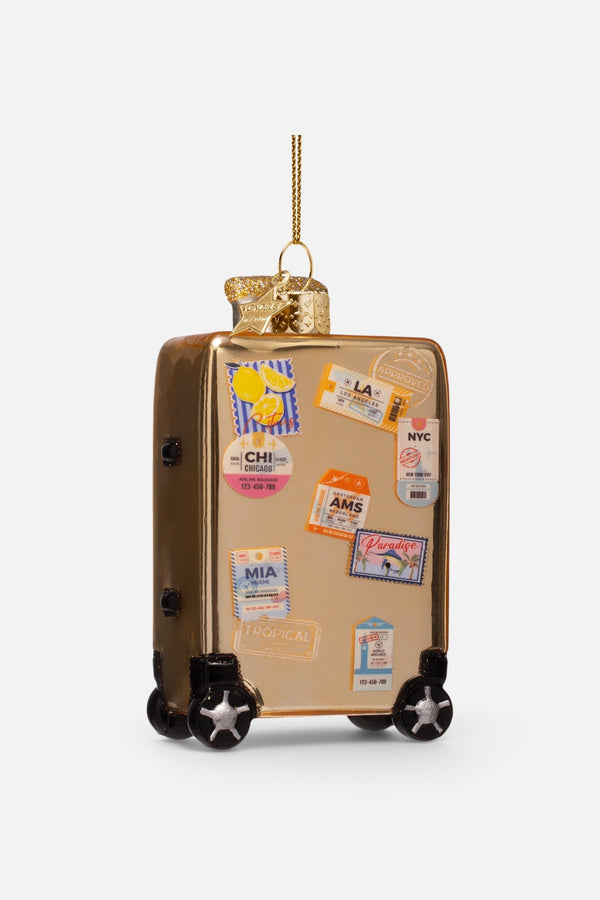 Glass Gold Suitcase with Stickers Ornament