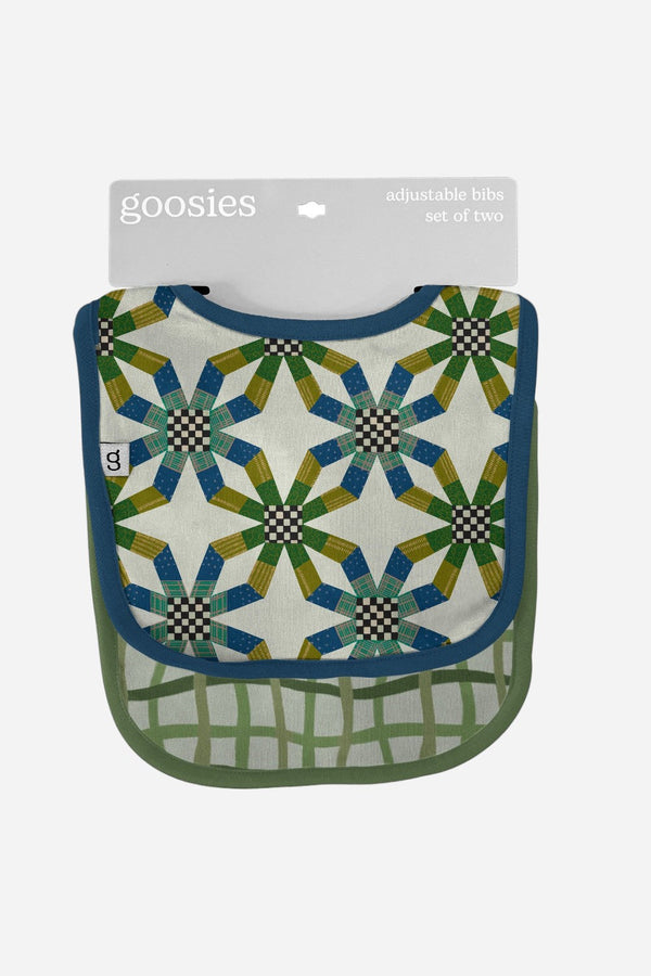 Goosies Bib Set in Quilt Blue Green Wavy Plaid - Set of 2