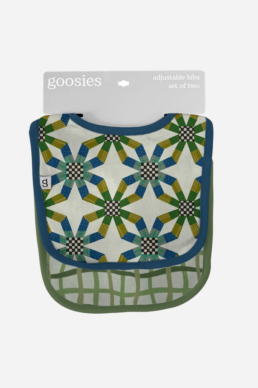 Goosies Bib Set in Quilt Blue Green Wavy Plaid - Set of 2 – front view
