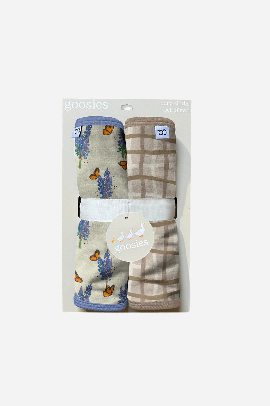 Goosies Burp Cloths Set in Bluebonnets Tan Wavy Plaid - Set of 2 – front view