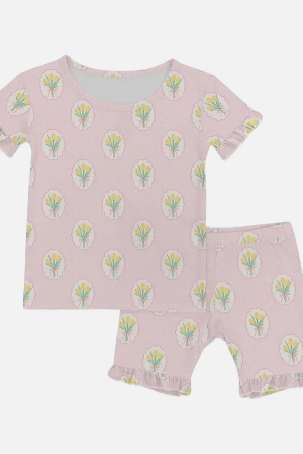 Goosies Kid's Short Sleeve Shirt and Shorts Ruffle PJ in Fancy Tulips