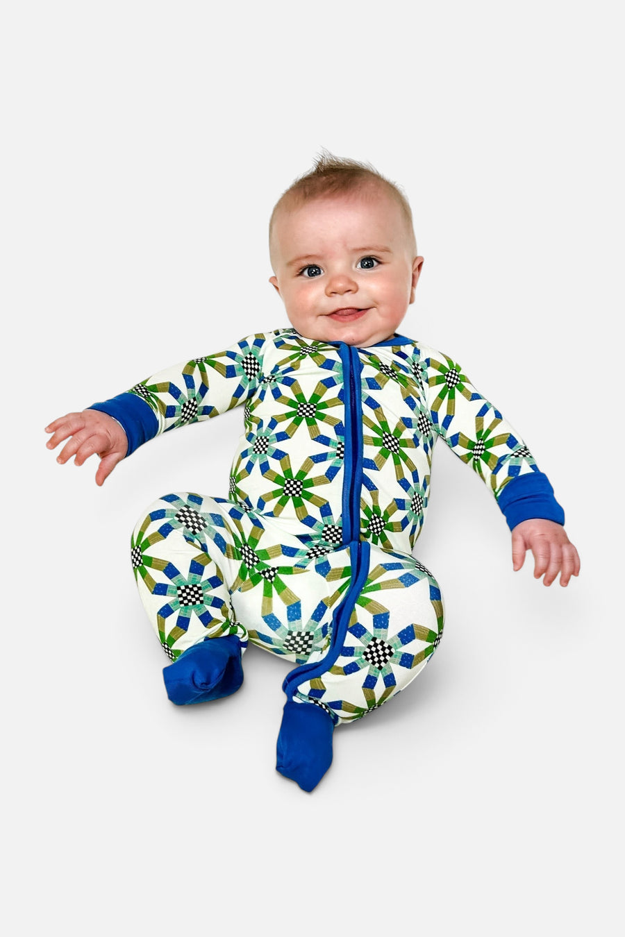 Goosies Long Sleeve Zip PJs in Quilt Blue – back view