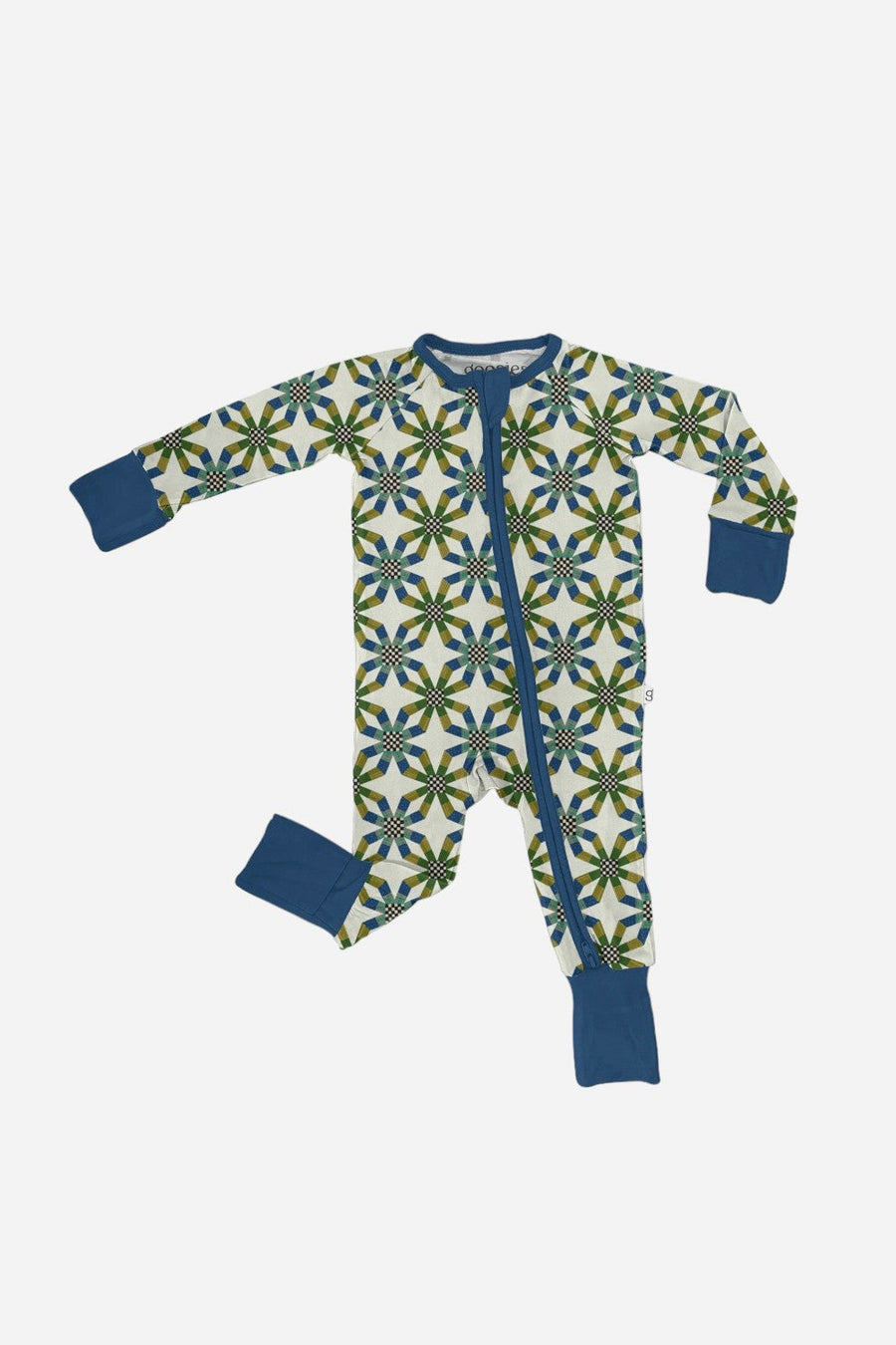 Goosies Long Sleeve Zip PJs in Quilt Blue – front view