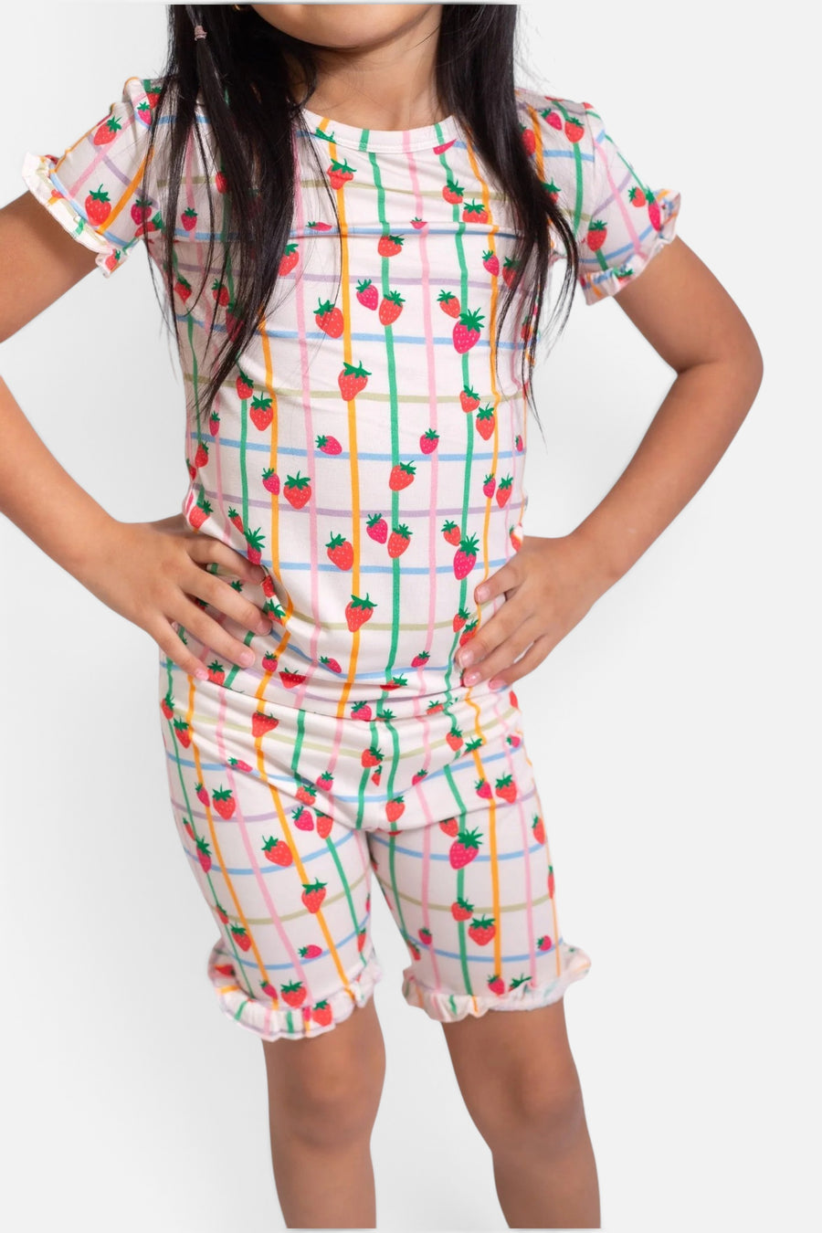 Goosies Ruffle Shorts PJ Set in Berry Patch – side view