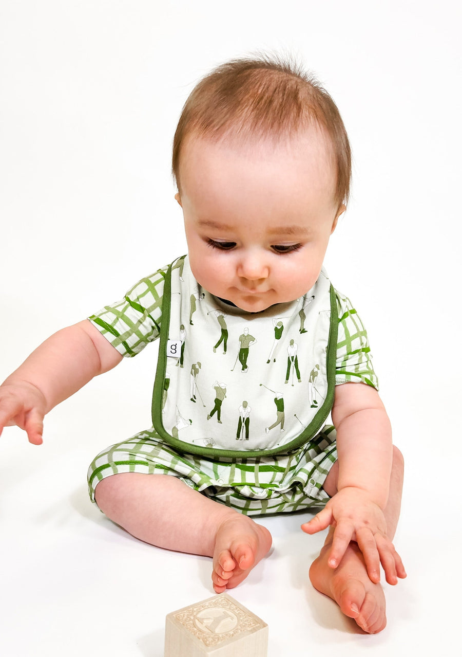Goosies Short Sleeve Polo Romper in Green Wavy Plaid – back view