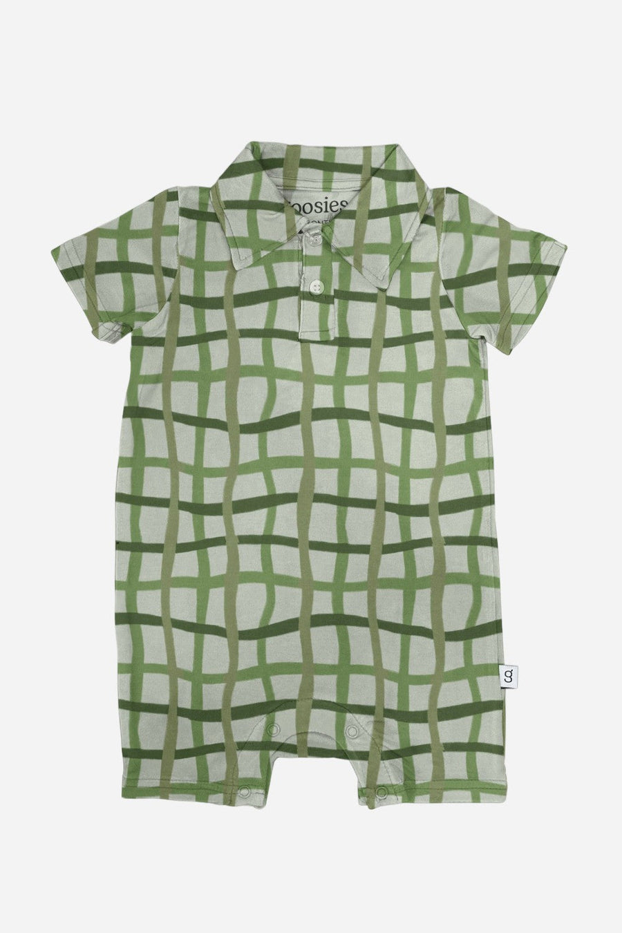 Goosies Short Sleeve Polo Romper in Green Wavy Plaid – front view