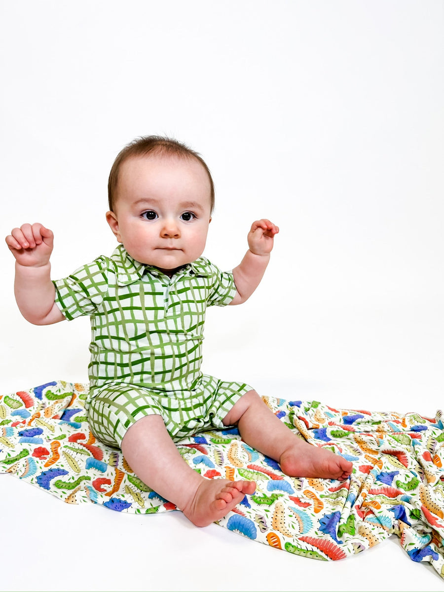 Goosies Short Sleeve Polo Romper in Green Wavy Plaid – side view