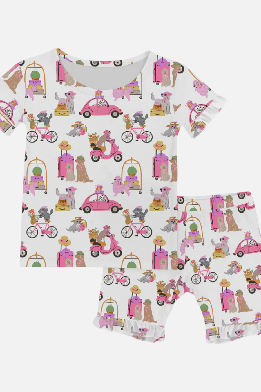 Goosies Short Sleeve Shirt and Ruffle Shorts in Puppy Chic – front view