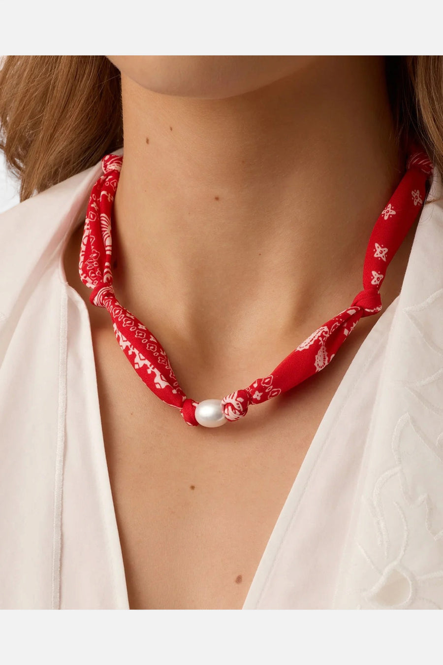 Gorjana Paisley Bandana Pearl Necklace in Red – back view