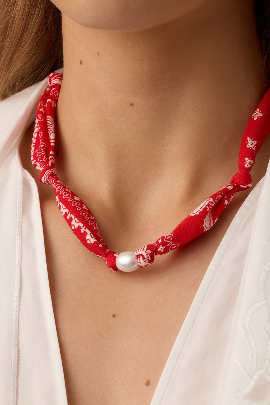 Gorjana Paisley Bandana Pearl Necklace in Red – back view
