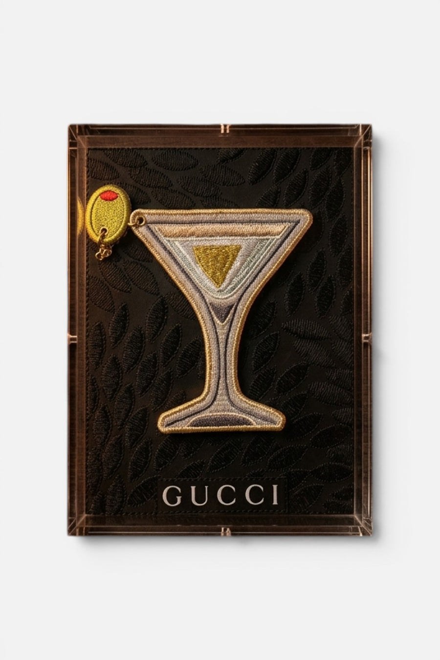 Stephen Wilson Studio Martini Gucci Black petite wall art, 6x8, framed front view.